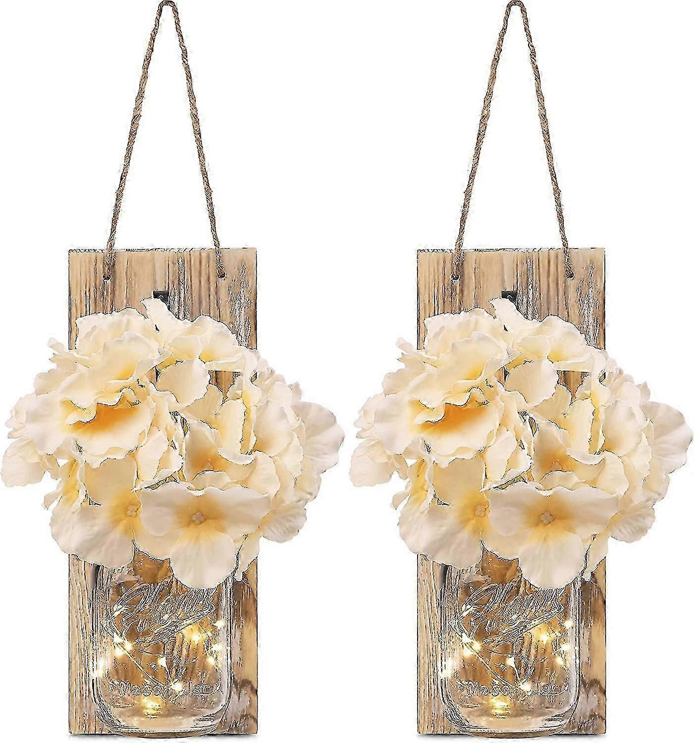 Rustic Brown Mason Jar Sconces - Wall Decor Decorative Chic Hanging House Decor 6Hours Timer with LED Strip Lights 6 Hour Timer, Silk Hydrangea, & Iro