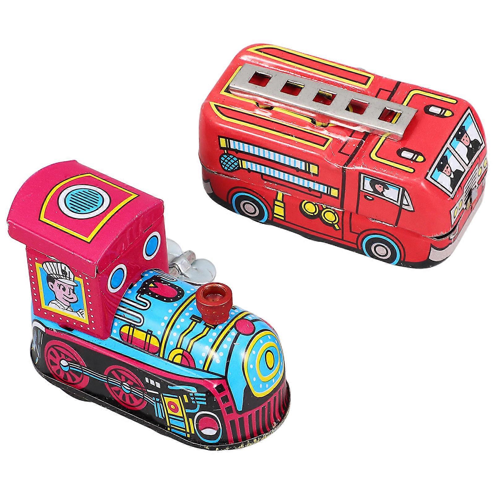 Clockwork Wind Up Tin Toy Train Toys for Playing Use 2Pcs Vintage Red