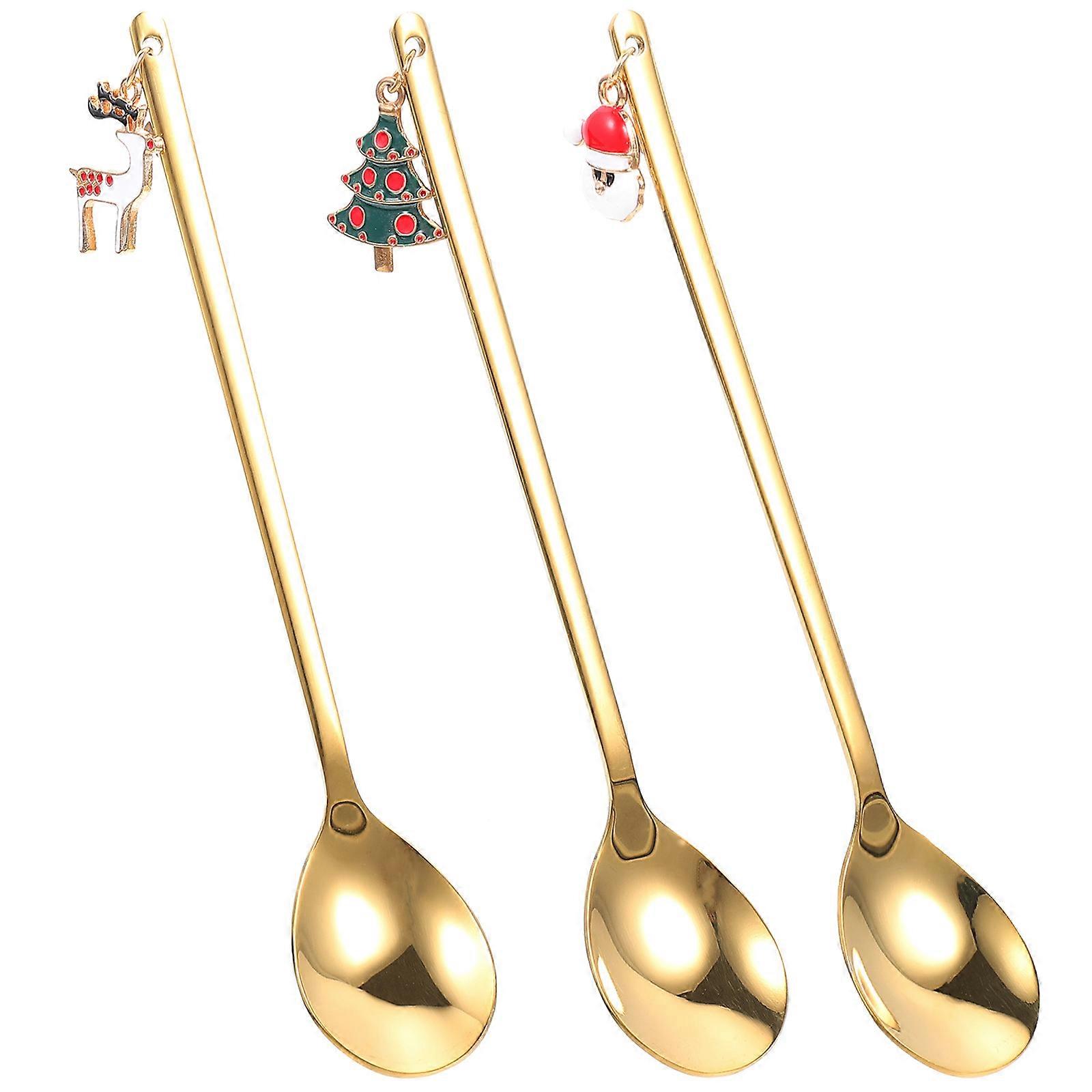 Stirring Spoon 12 Pcs With Christmas Elements Pendants For Dessert Serving And Beverage Stirring In Golden Color Featuring Elegant Pendant Design