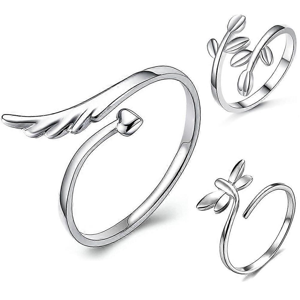 Silver Olive Branch Ring Adjustable Open Statement Ring 3Pcs Set