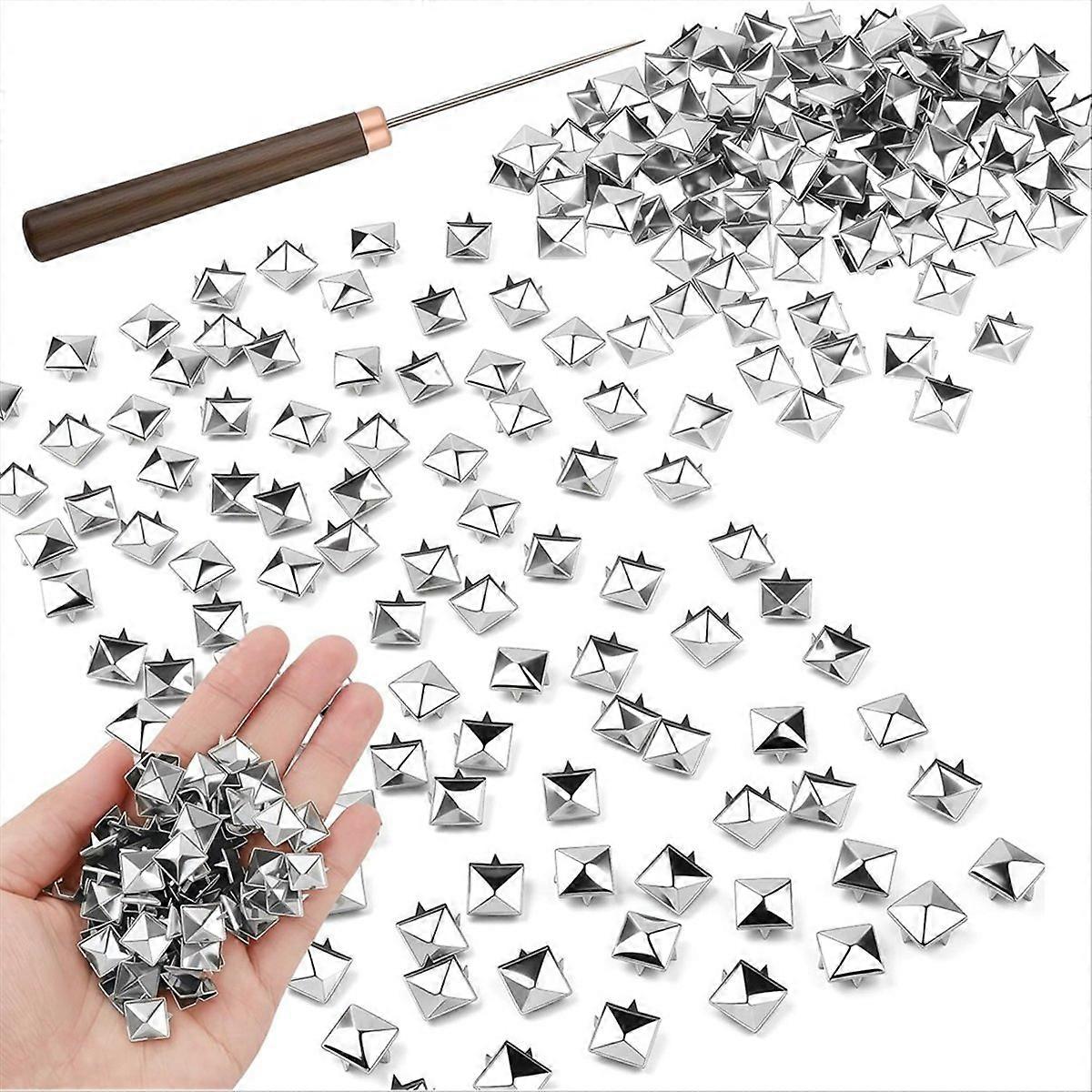 400Pcs 10mm Square Pyramid Studs, Metal Claw Rivets with Awl Tool A