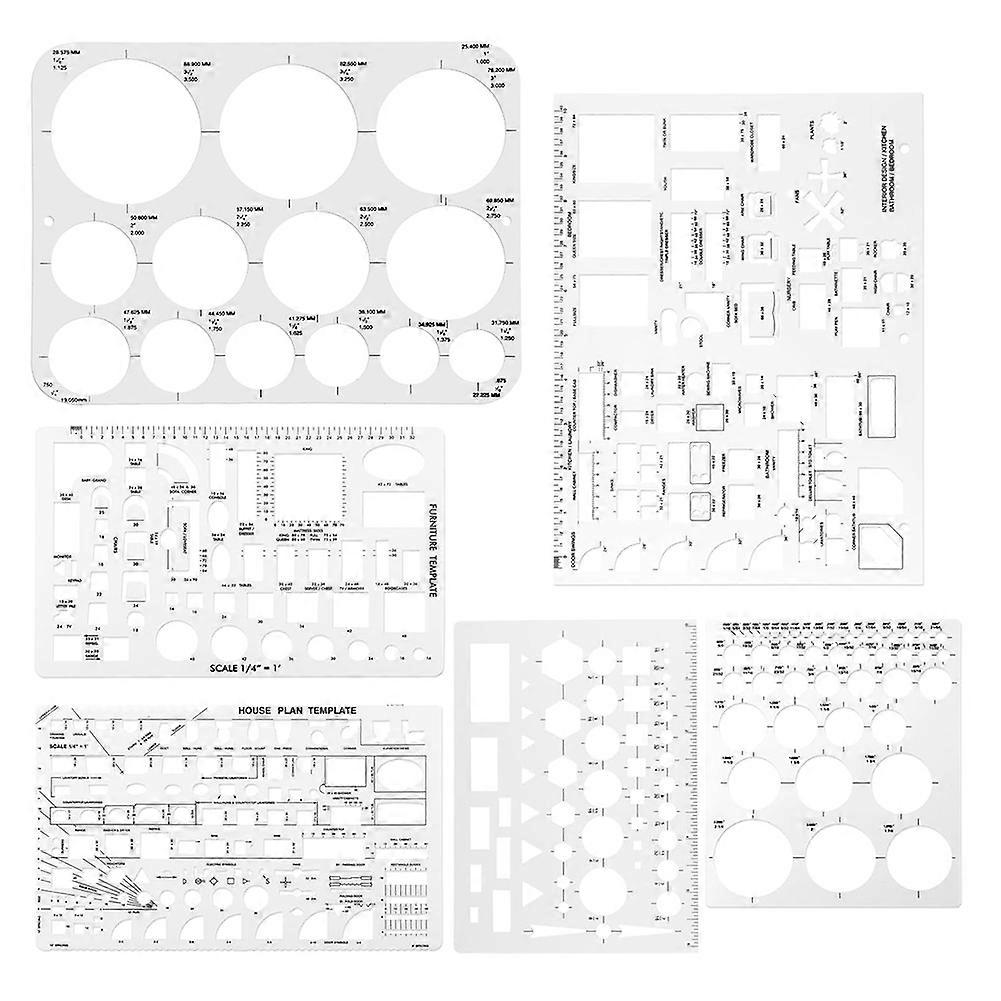 6pcs Circle Template for Drafting, Geometric Shape Stencils Circle Square Measuring Ruler for Building Formwork Drawing