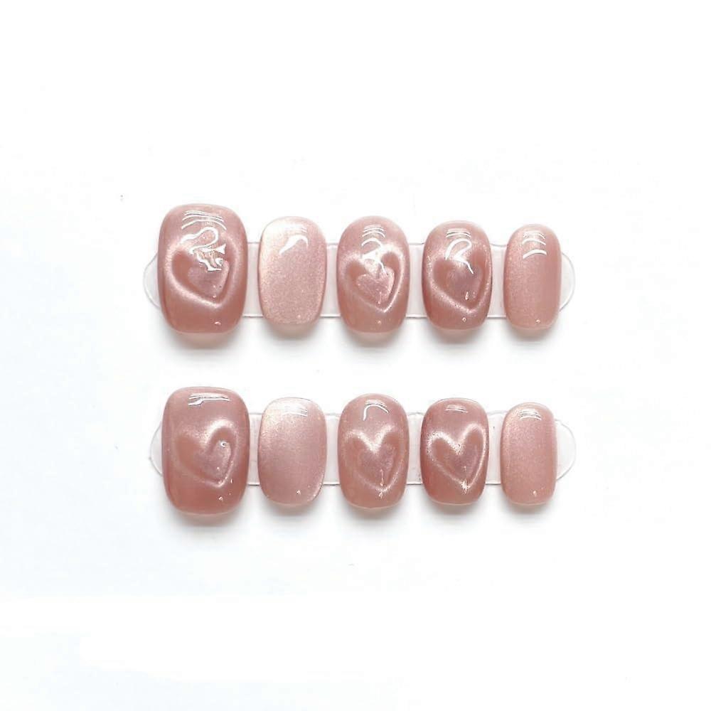 Detachable Pink Heart Press On Nails with Cat Eye Effect, Handmade Reusable Short XS
