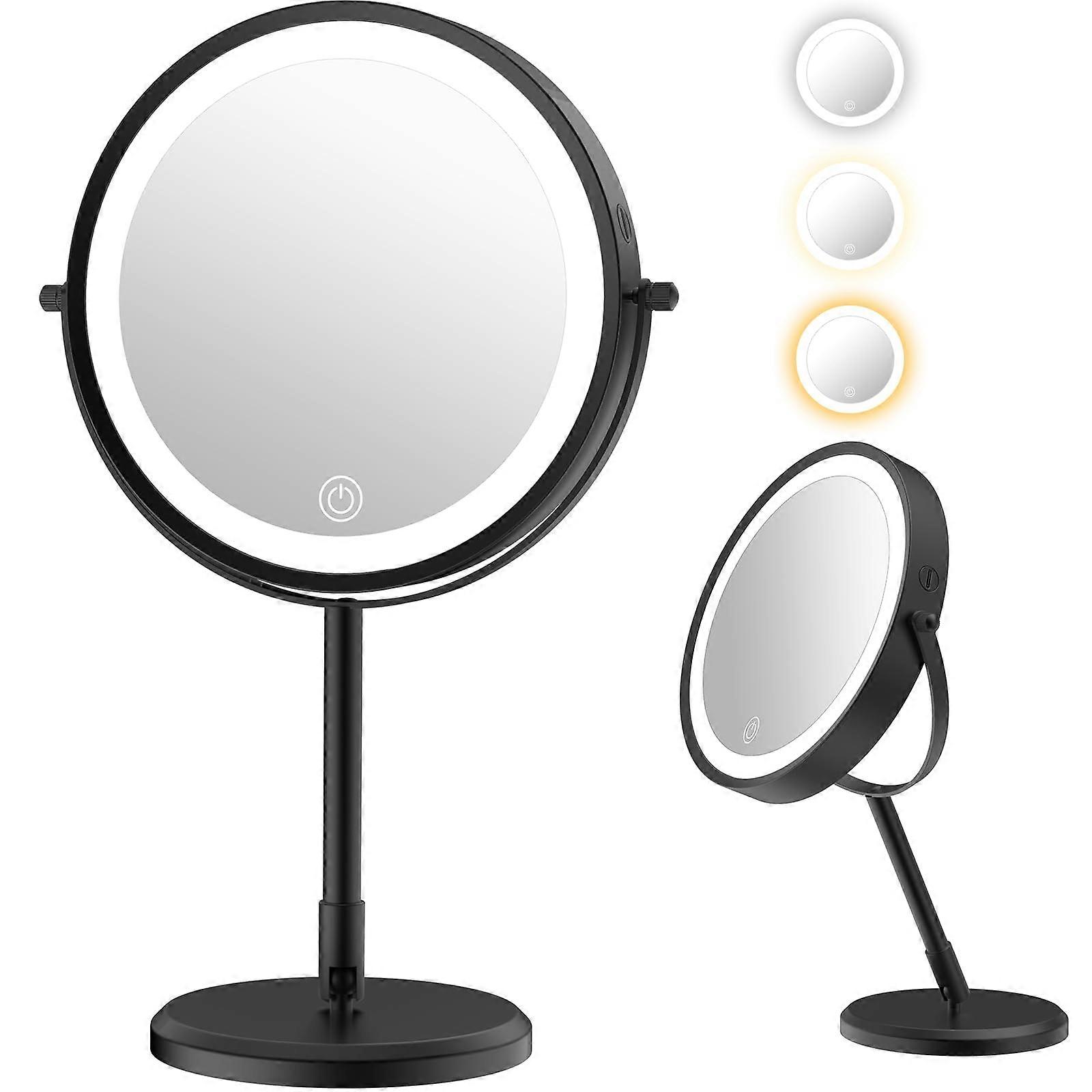 Lighted Travel Makeup Mirror 1X 10X Magnification, Folding LED, Adjustable Brightness, 3 Color, Black