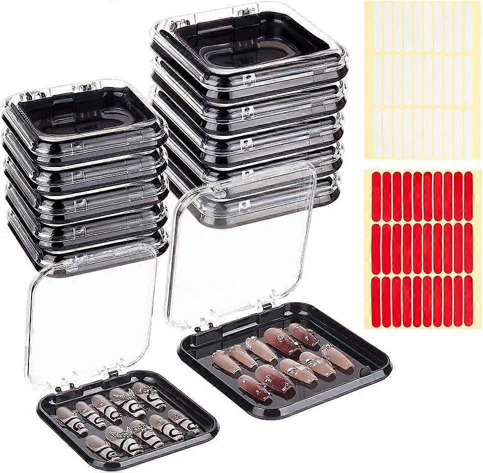 20Pcs 2 Sizes Press On Nail Storage Box Clear and Black Artificial Nail Display Packing Box with Double-sided Adhesive Tape Display Case for Nail Salo