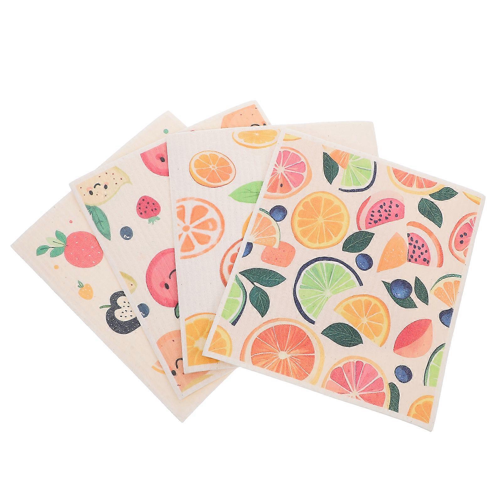 Quick Drying Fruit Pattern Dish Cloth Reusable Kitchen Towels for Use 4Pcs