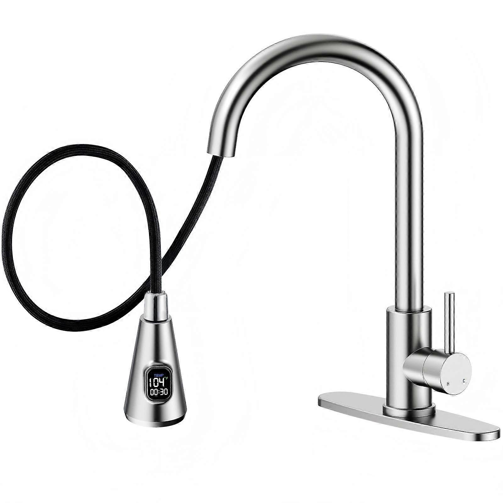 LED Kitchen Faucet with Smart Temperature Display, Pull Down Sprayer, Brushed Nickel 304 Stainless Steel