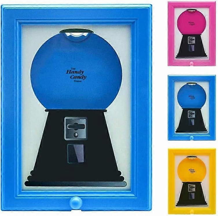 2 in 1 Photo Frame Candy Dispenser with Push Button, Wall or Tabletop Mount, Lockable Lid, Blue