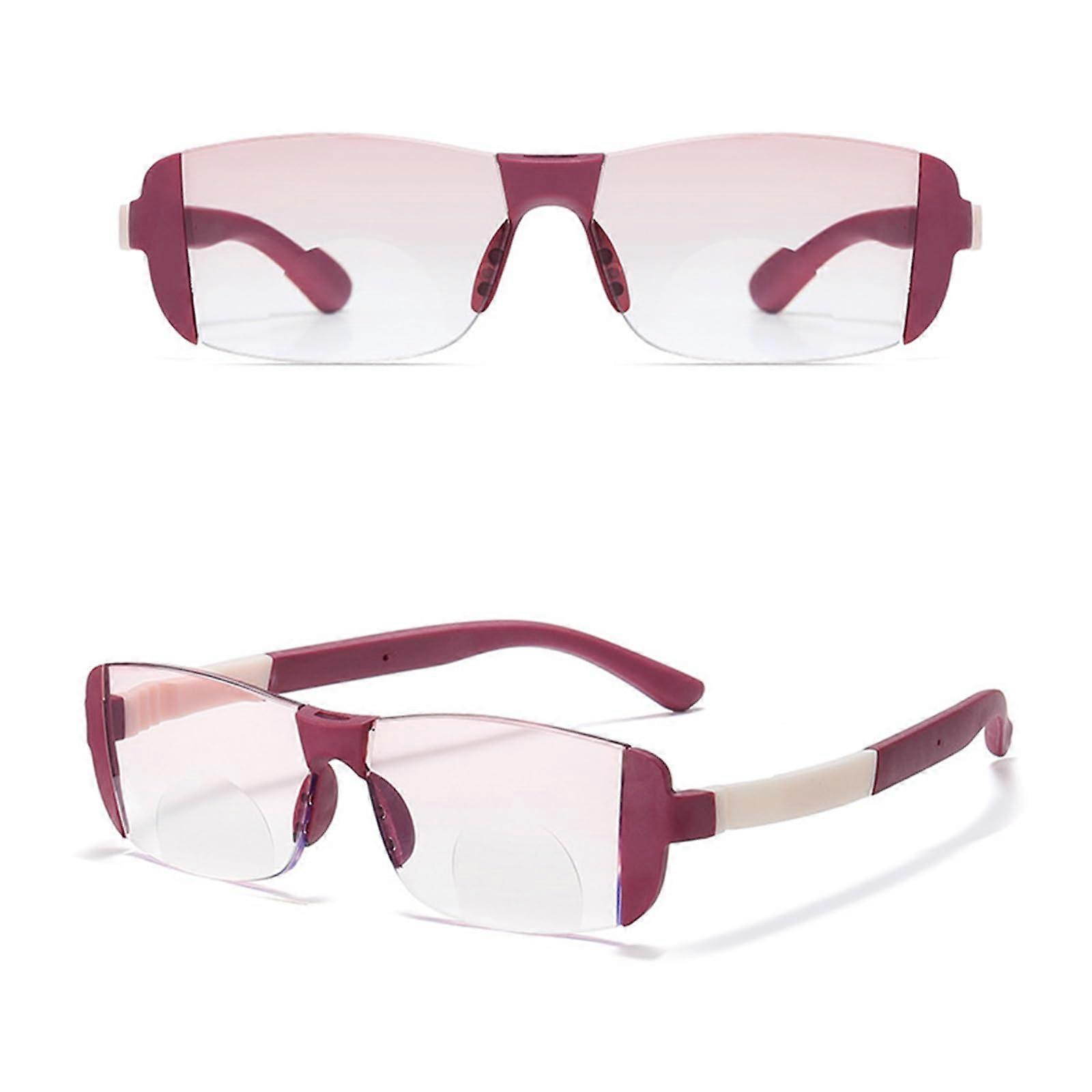 2 Pack Rimless Blue Light Blocking Reading Glasses, Progressive Multifocus TR90 Frame, Red 1.0x