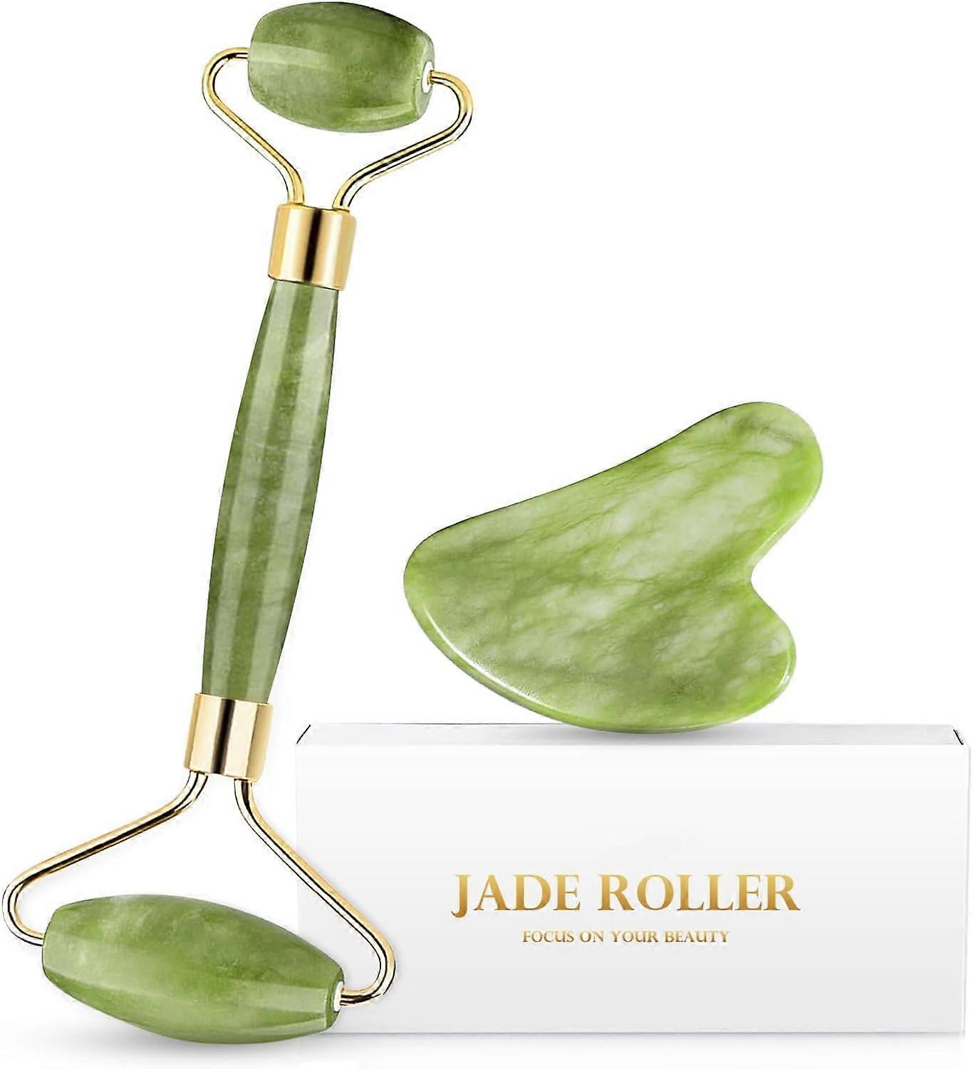 Jade Roller and Gua Sha Set for Face and Neck, Reduce Puffiness, Easy Clean, Gift Box Packaging