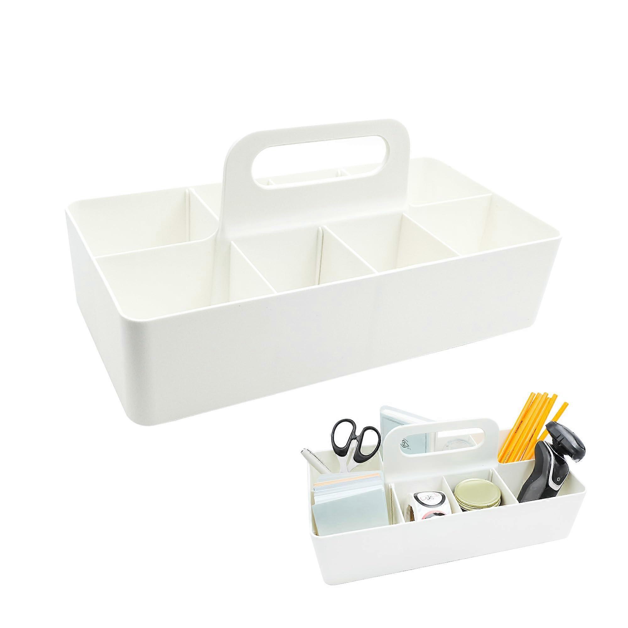 Makeup Organizer Caddy with Handle, 8 Compartments Plastic Storage Bin, DIY Removable Dividers, White