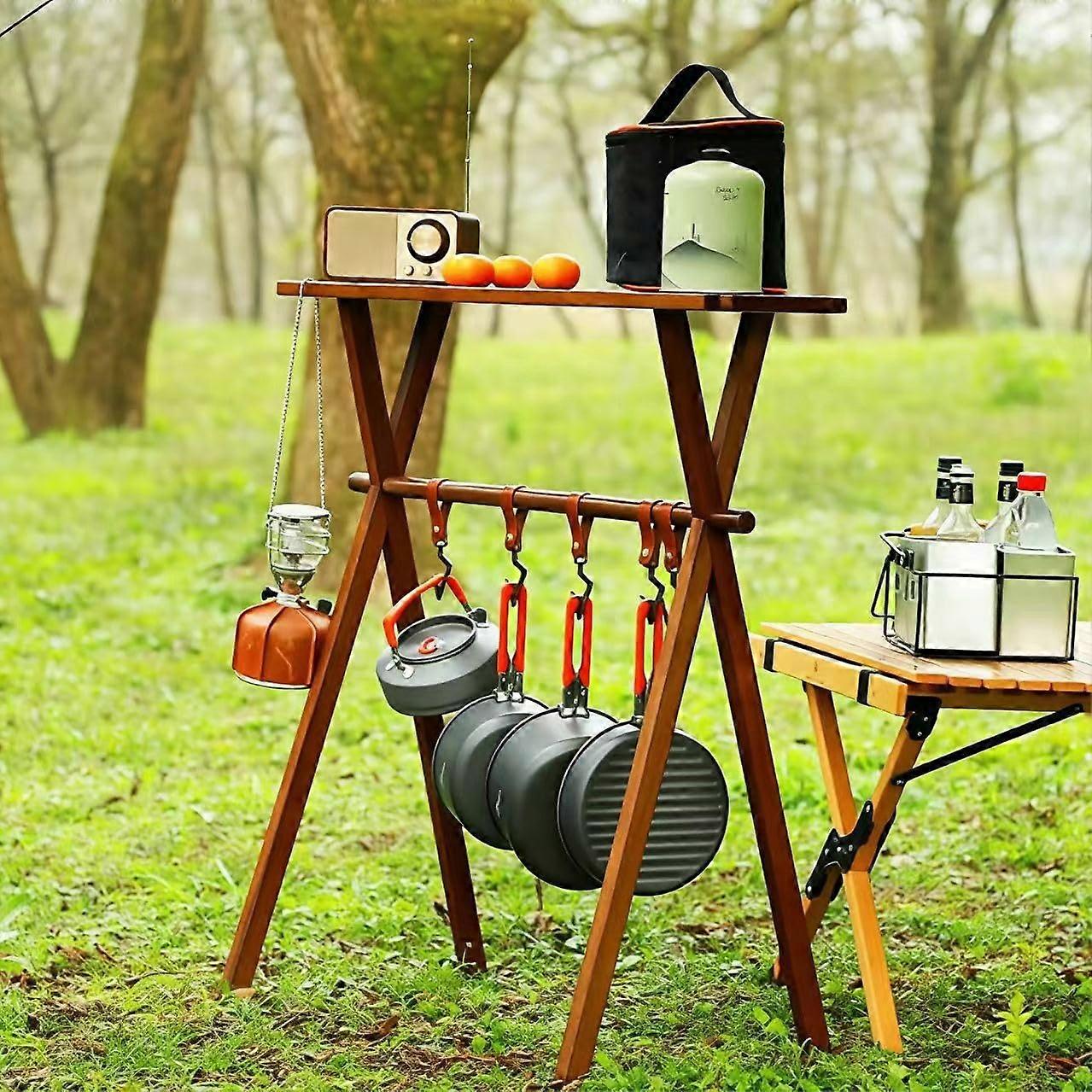 Camping Kitchen Organizer, Walnut Beech Wood Foldable Rack with 5 Hooks and Storage Bag