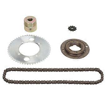 Kit chaîne Prodef 25H 82 maillons acier, pignon avant 8D 11T, pignon arrière 55T 4 trous avec roue libre et connecteur 13 mm pour vélos et mini-motos à monter soi-même.