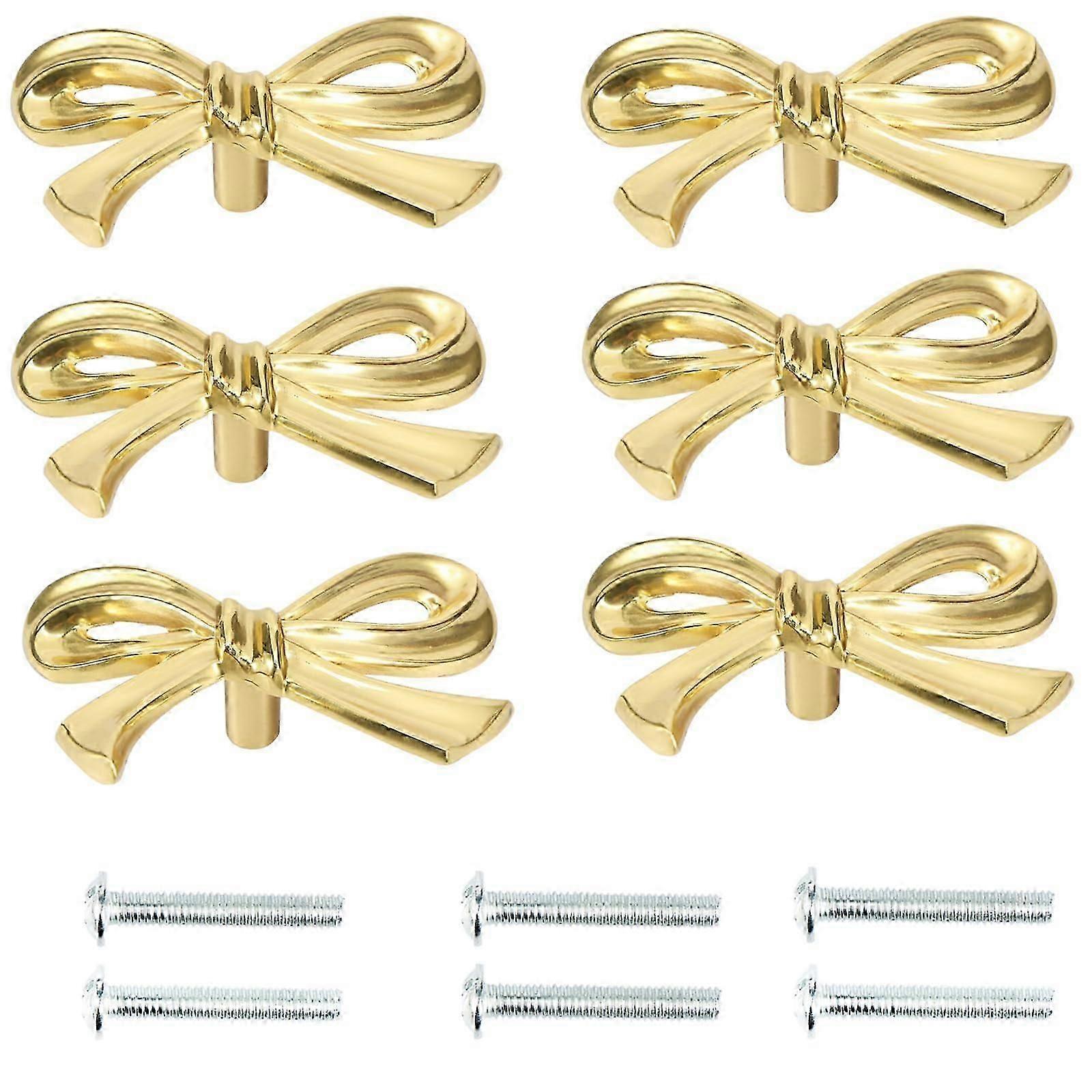 6 Pack Bow Drawer Knobs, Gold Solid Brass Bow Cabinet Knobs, Compact Gold Bow Dresser Pulls Edition 0428