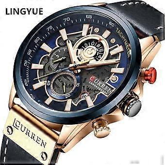 LINGYUE Men Sports Watches Leather Analog Luxury Brand Date Quartz Clock Blue Men's Watch