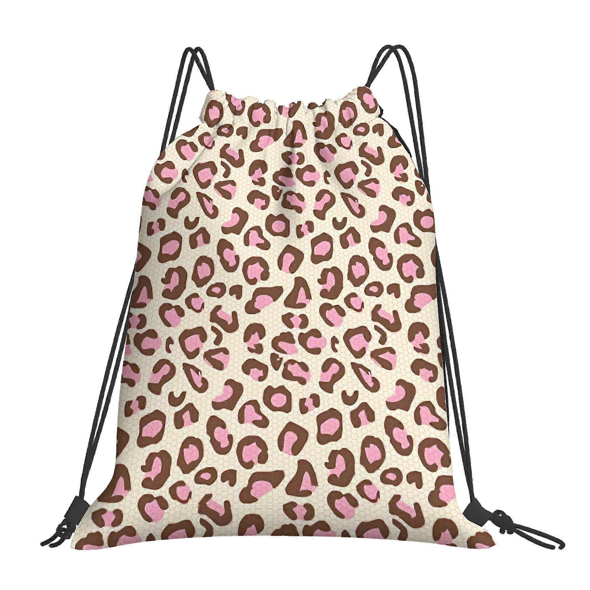 2D Flat Drawstring Bag, Pink Leopard Light-Colored Drawstring Backpack-Cqazw