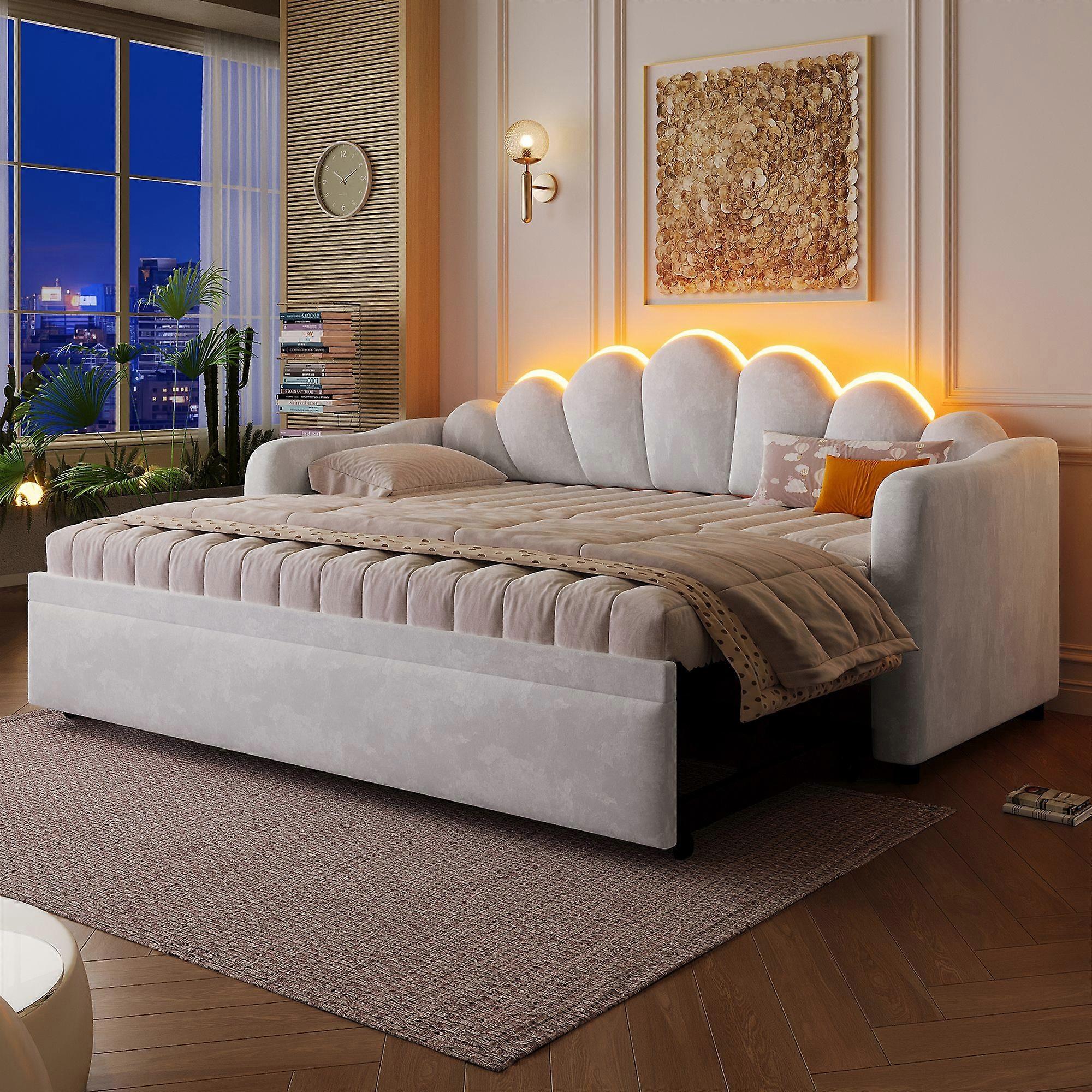 90x200 cm upholstered daybed with pull-out function and LED lighting, pull-out function flat or upright, grey