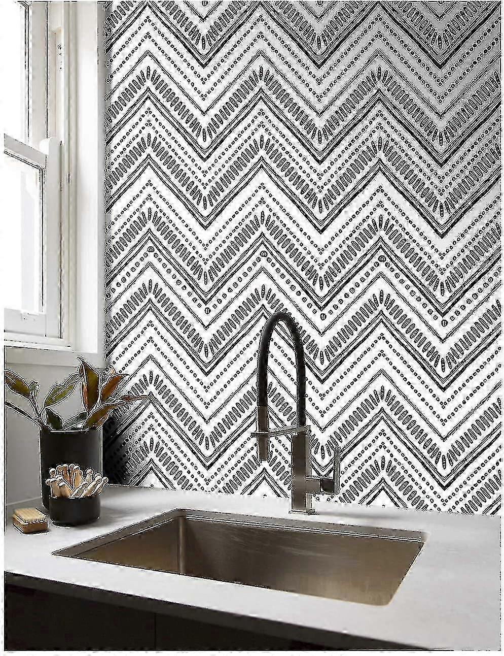 Self Adhesive Black White Oval Stripe Wallpaper