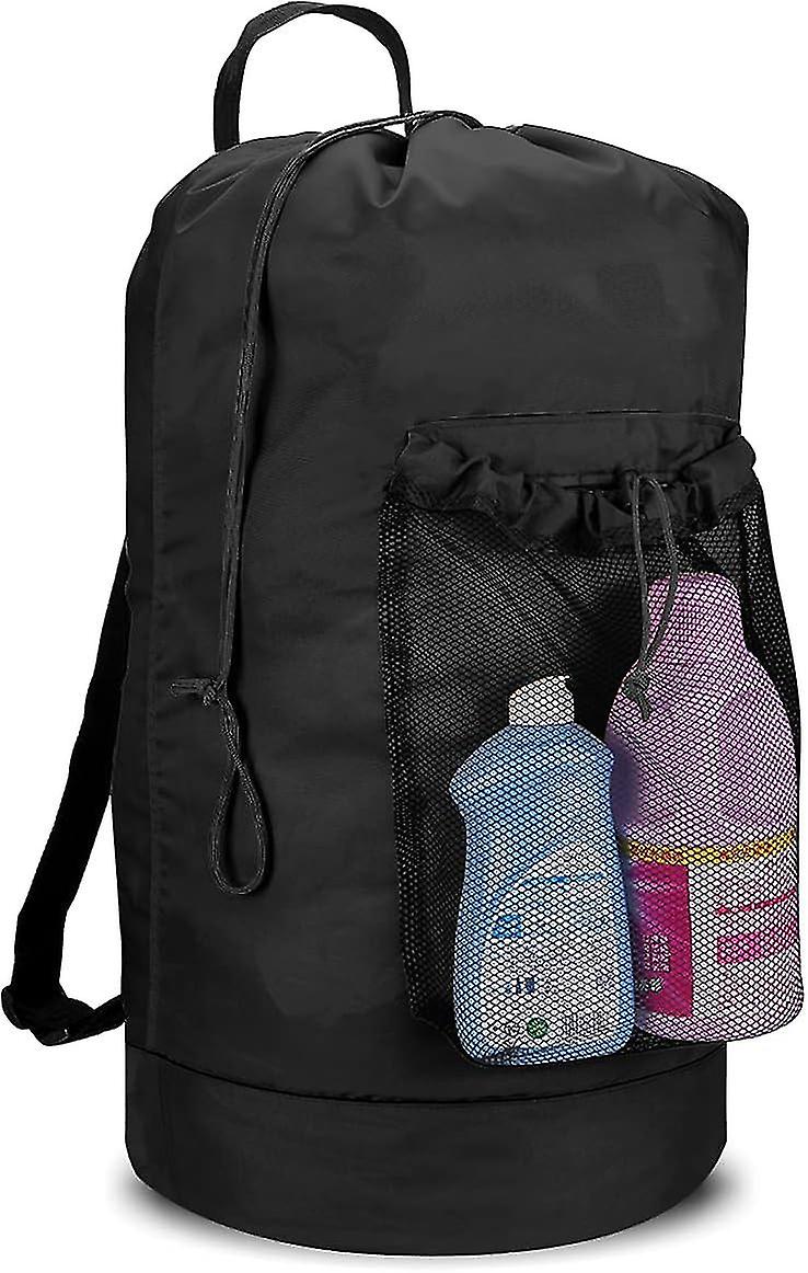 Durable Backpack Laundry Bag Mesh Pockets With Drawstring Closure 33x74cm(black)