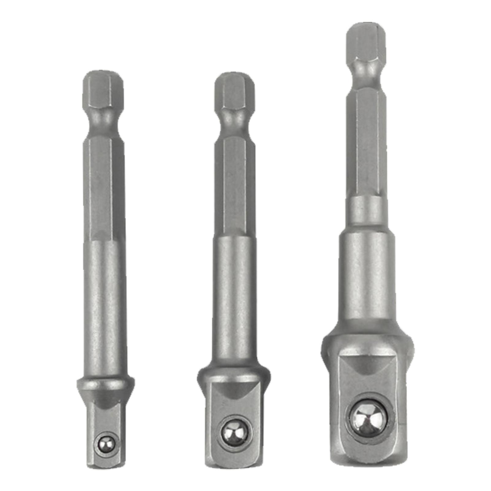 3Pcs Socket Adapter Set Hex Shank Square Head 6.35-12.5mm Steel