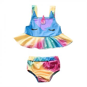 Veeki Girls Unicorn Swimsuit Bathing Suits Girl Ruffled Tankini Bikini Two Piece Swimwear Beachwear, 4-5 Years, Rainbow-1