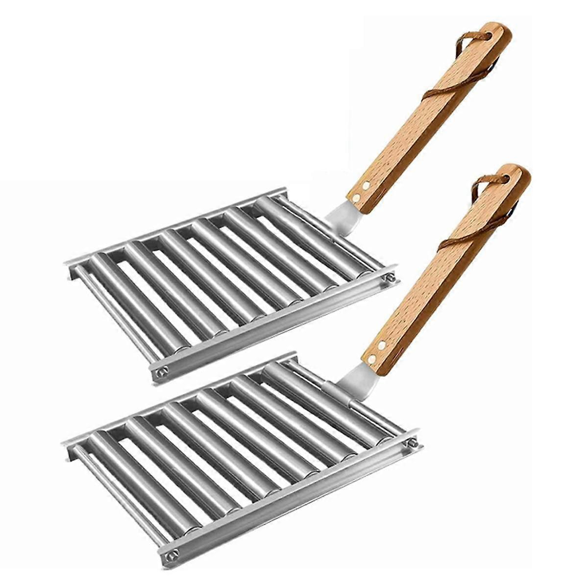 2Pcs Hot Dog Roller for Grill Sausage Roller Rack with Wood Handle BBQ Hot Dog Griller for Evenly Cooked Hot Dogs