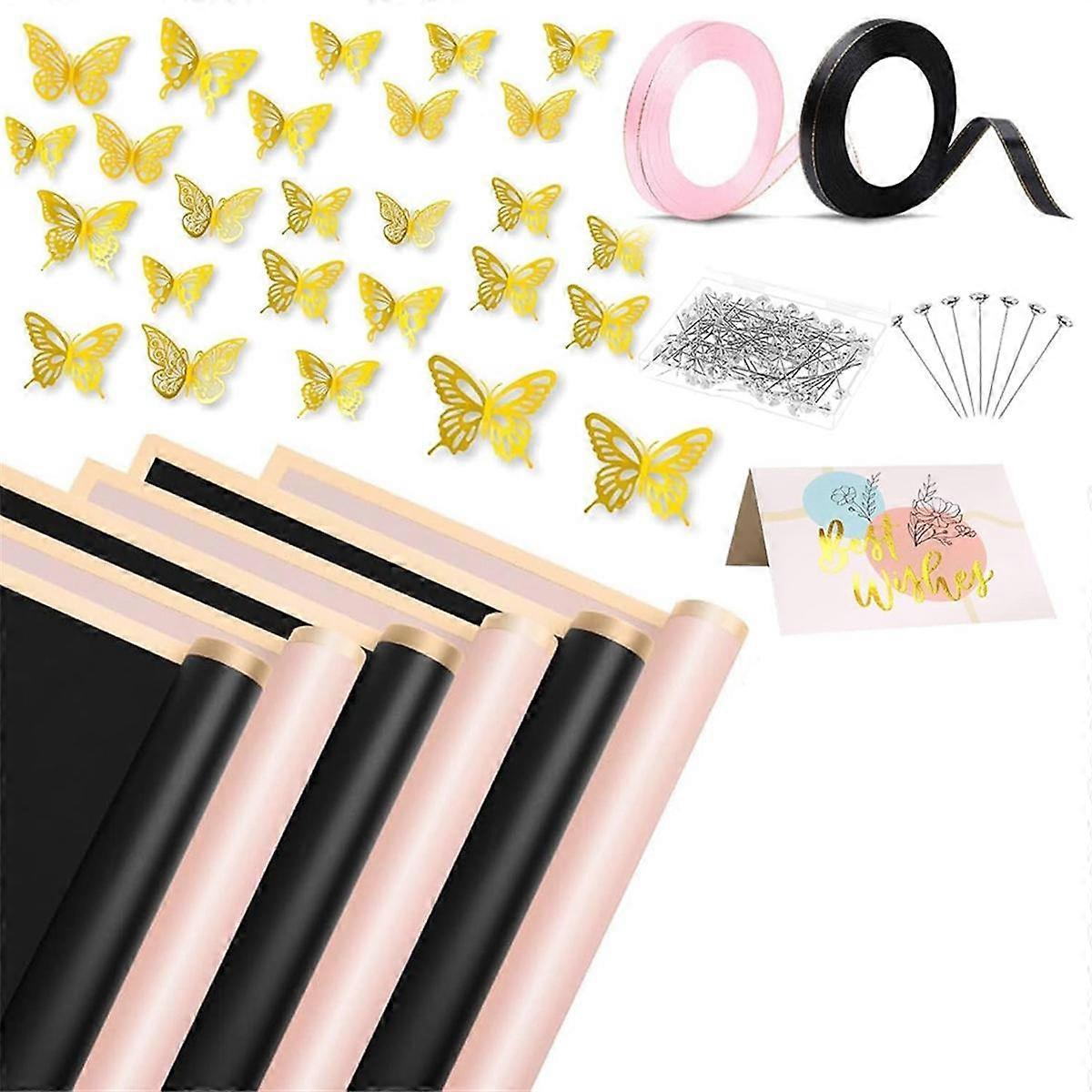 40 Sheets Flower Wrapping Paper, Waterproof Floral Bouquet Wrapping Paper Sheets Gold Edge with Ribbons Flower Pins