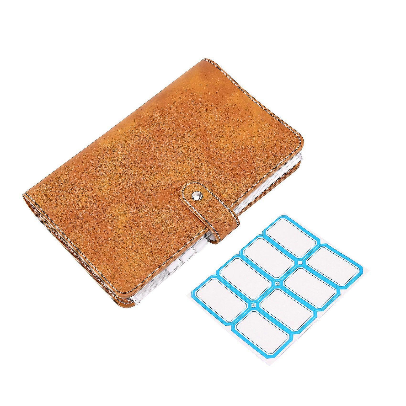 6-ring Notebook Pu Leather Loose Leaf Notebook Cover With Clear Plastic A6 Envelopes Pouches Brown