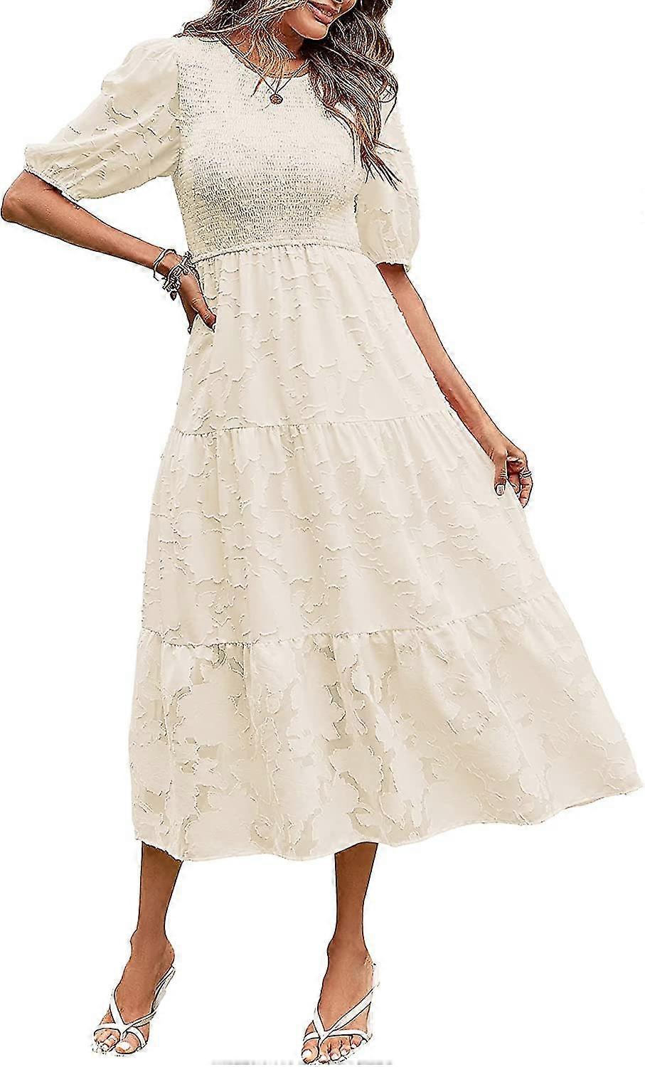 Women's 2023 Summer Puff Sleeve Smocked Floral Dress Crewneck Lace Flowy Tiered Midi Dresses
