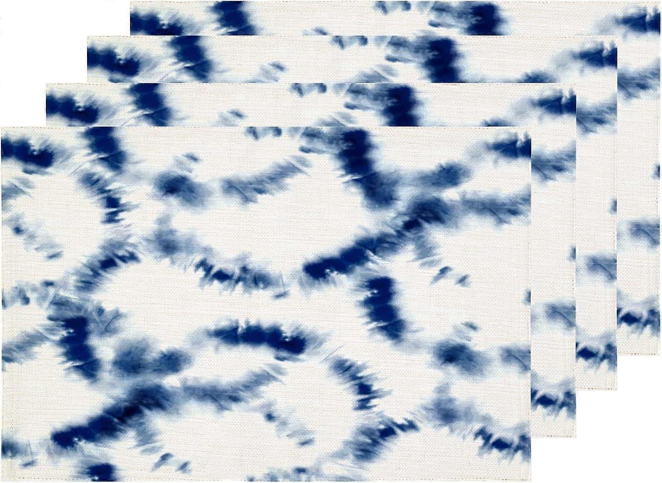 Indigo moderne Shibori sets de table, bleu abstrait encre de table tapis toile de jute en lin lavable à double pont isolation thermique pour table à manger table de cuisine ensemble de 4