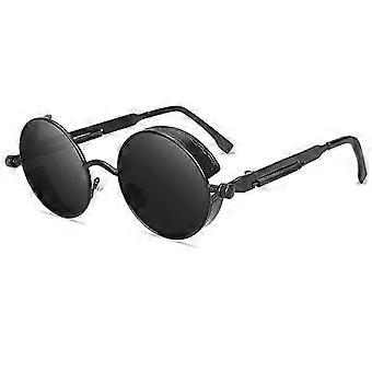 Lunettes De Soleil Rondes Style Steampunk - Monture Argentée & Verres Noirs UV400