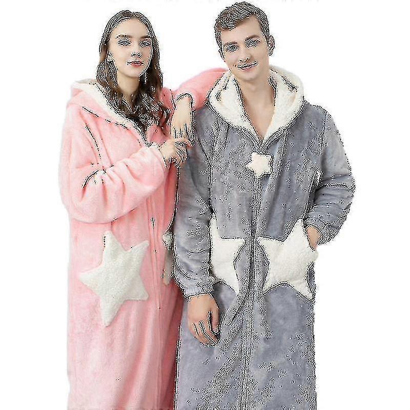 Couple Hooded Dressing Gown Nightgown Flannel Long Men Womens Bathrobe