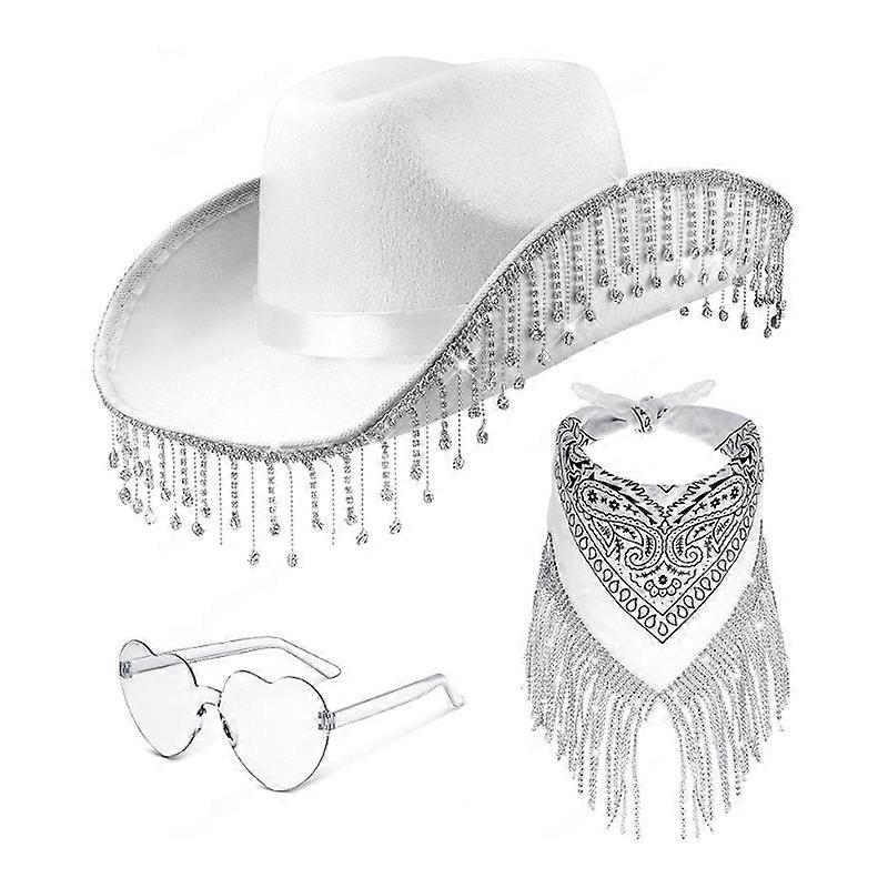 3 Pcs Rhinestone Cowgirl Hat with Fringe Rhinestone Bandana and Heart Sunglasses