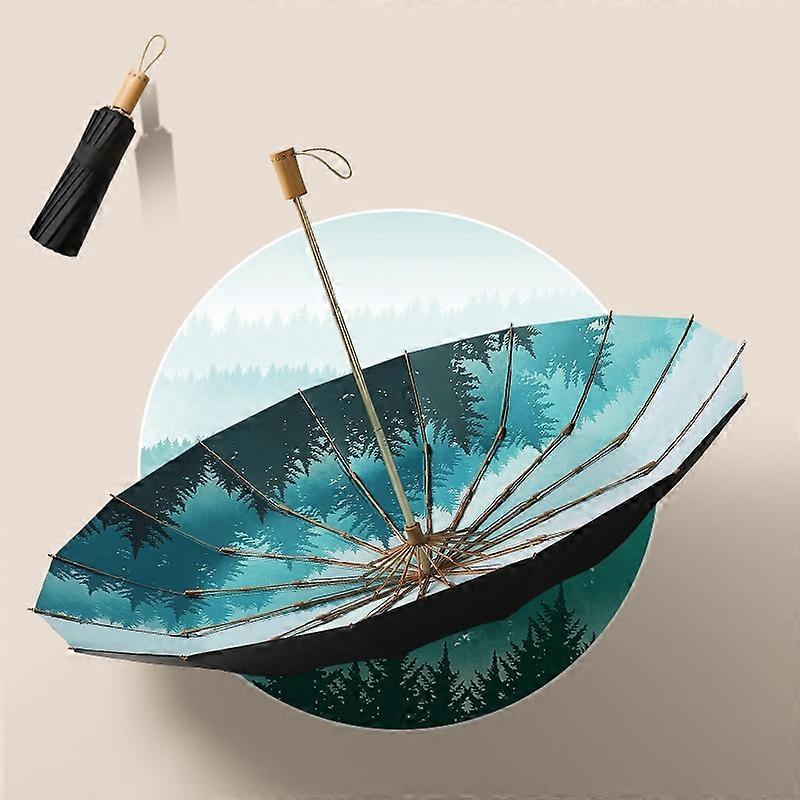 Retro Tri-Fold Wooden Handle Folding Sunscreen Parasol