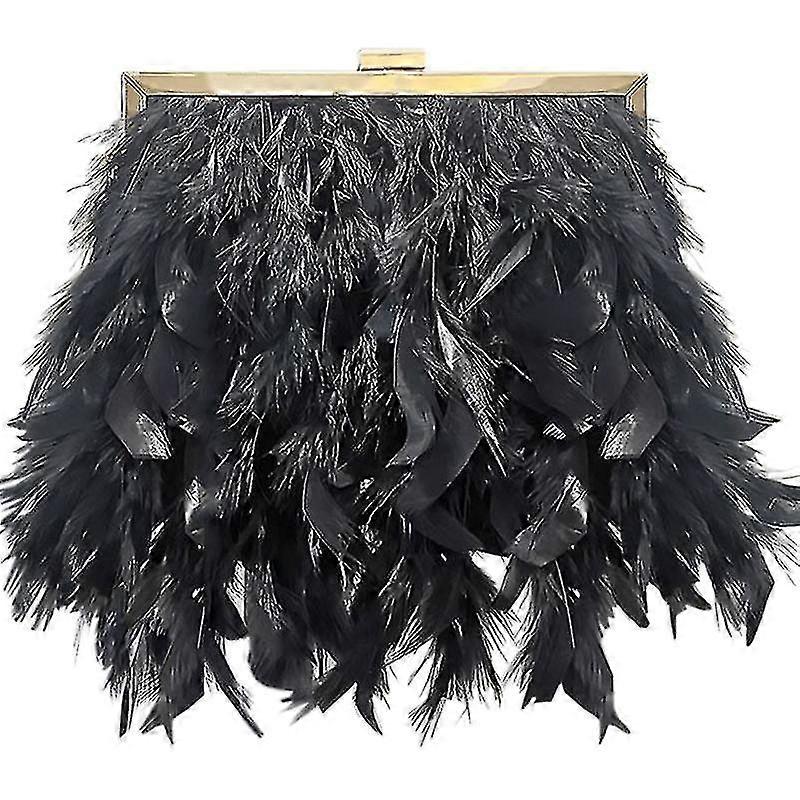 Kvinder Aften Clutch Pung Fjer Taske Håndtasker W / 1 Aftagelig Pearl Strap Chain &1 Lang Guld Chain