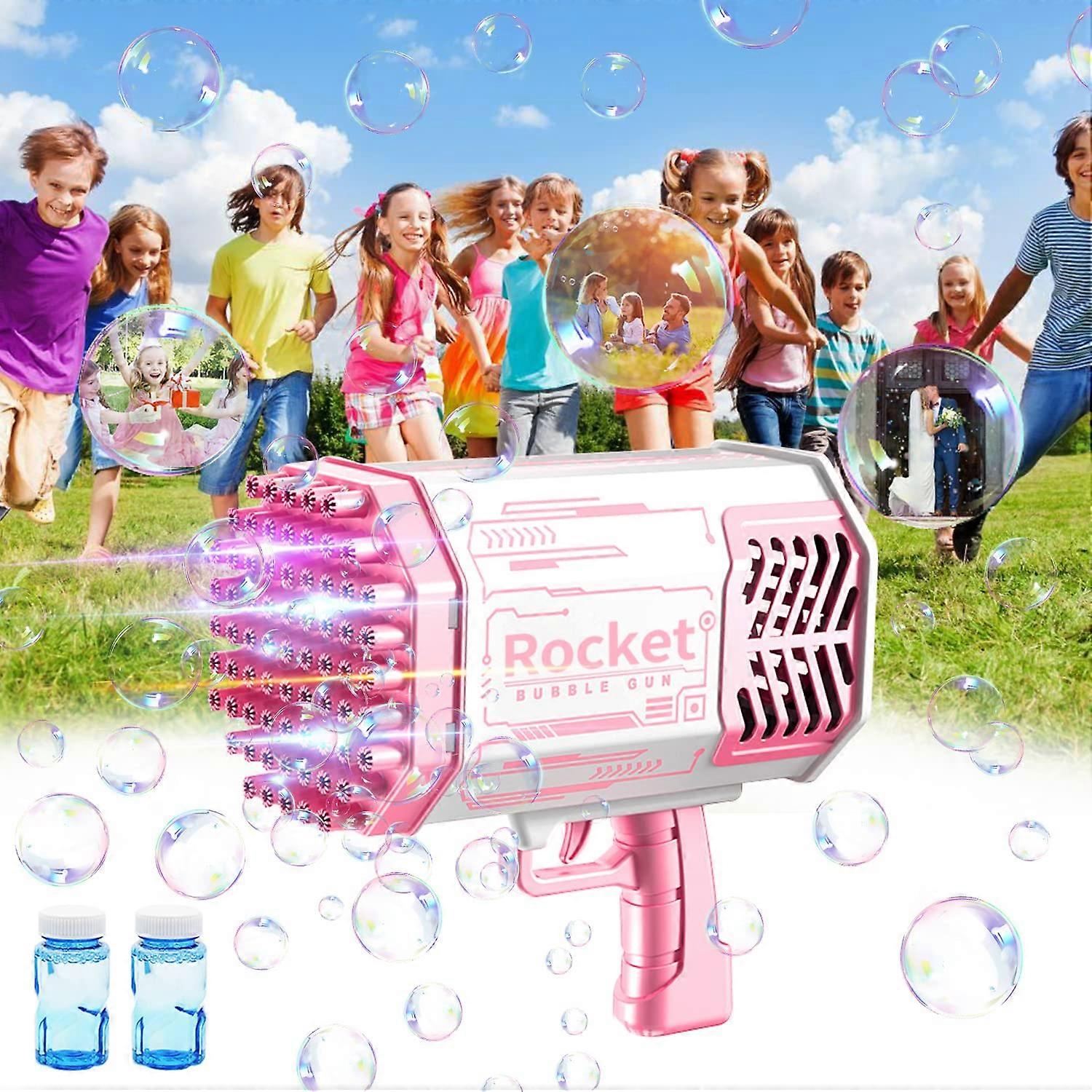 Bubble Machine with 69 Holes and LED Lights, Bubble Gun with 2 Soap Bubble Bottles for Kids, Recharg