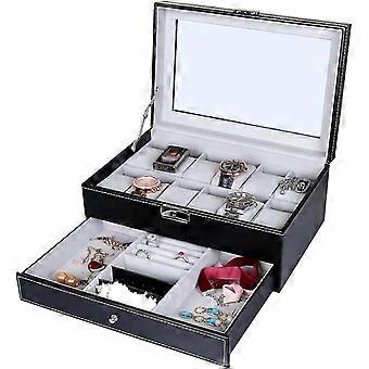 Faux Leather Watch Box Case For Watches 12 Compartments For Watches And 3 For Jewelery