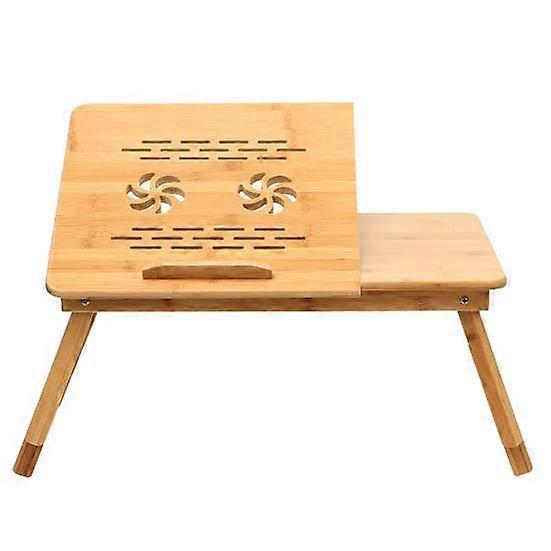 Adjustable Bamboo Laptop Desk with Fan Cooling Effect Tilting Top Drawer Foldable Bed Table Portable Breakfast Serving