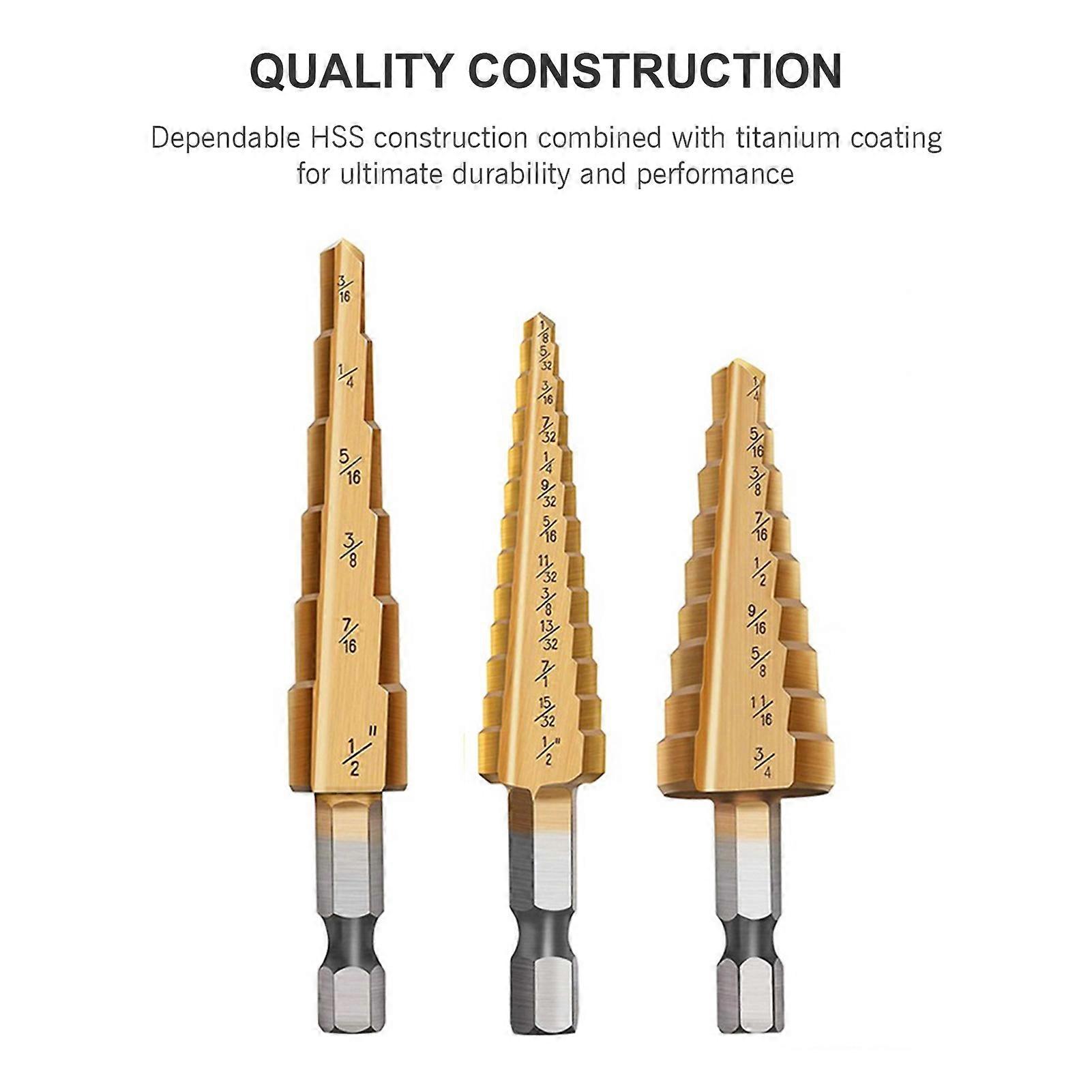 Step Drill Bit Set for Metal 3 Pcs/ Set High Speed Steel Titanium Step Drill Bit Set HSS Multiple Hole Drilling for Plastic Wood Metal