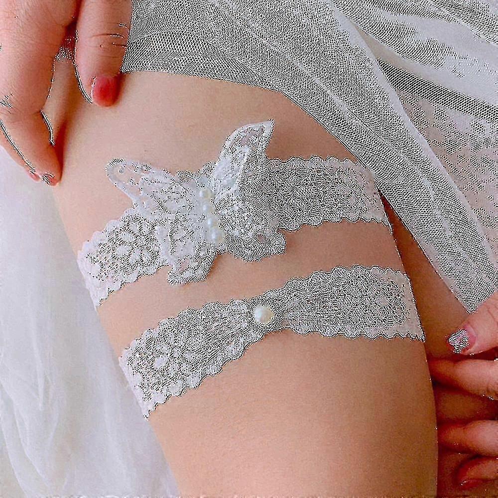 Giarrettiere da sposa elasticizzate in pizzo bianco a farfalla, 2 pezzi