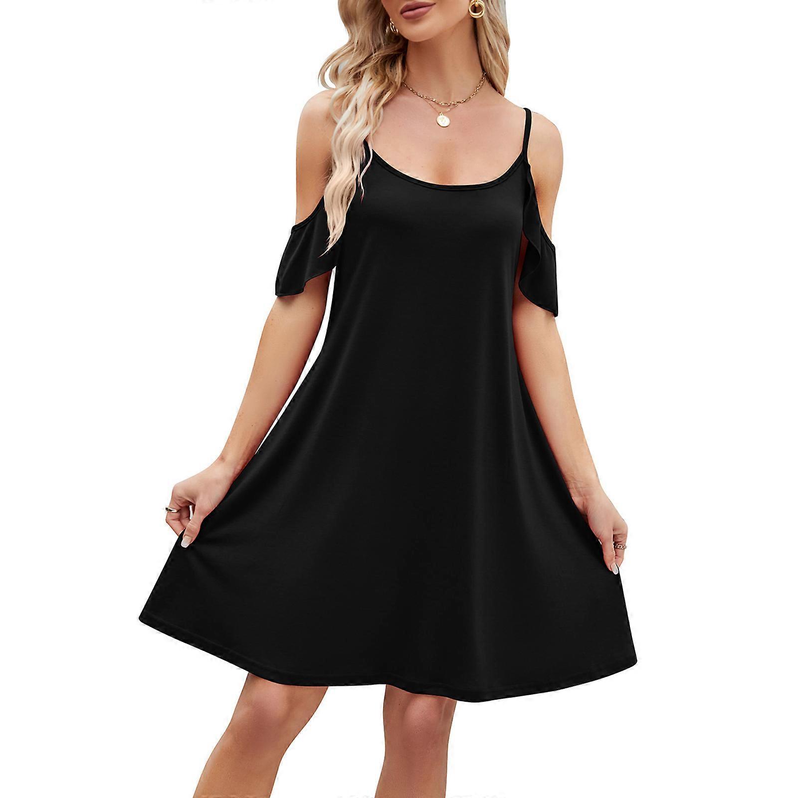 Women Summer Ruffle Sleeve Cold Shoulder Swing A-Line Dress V-Neck