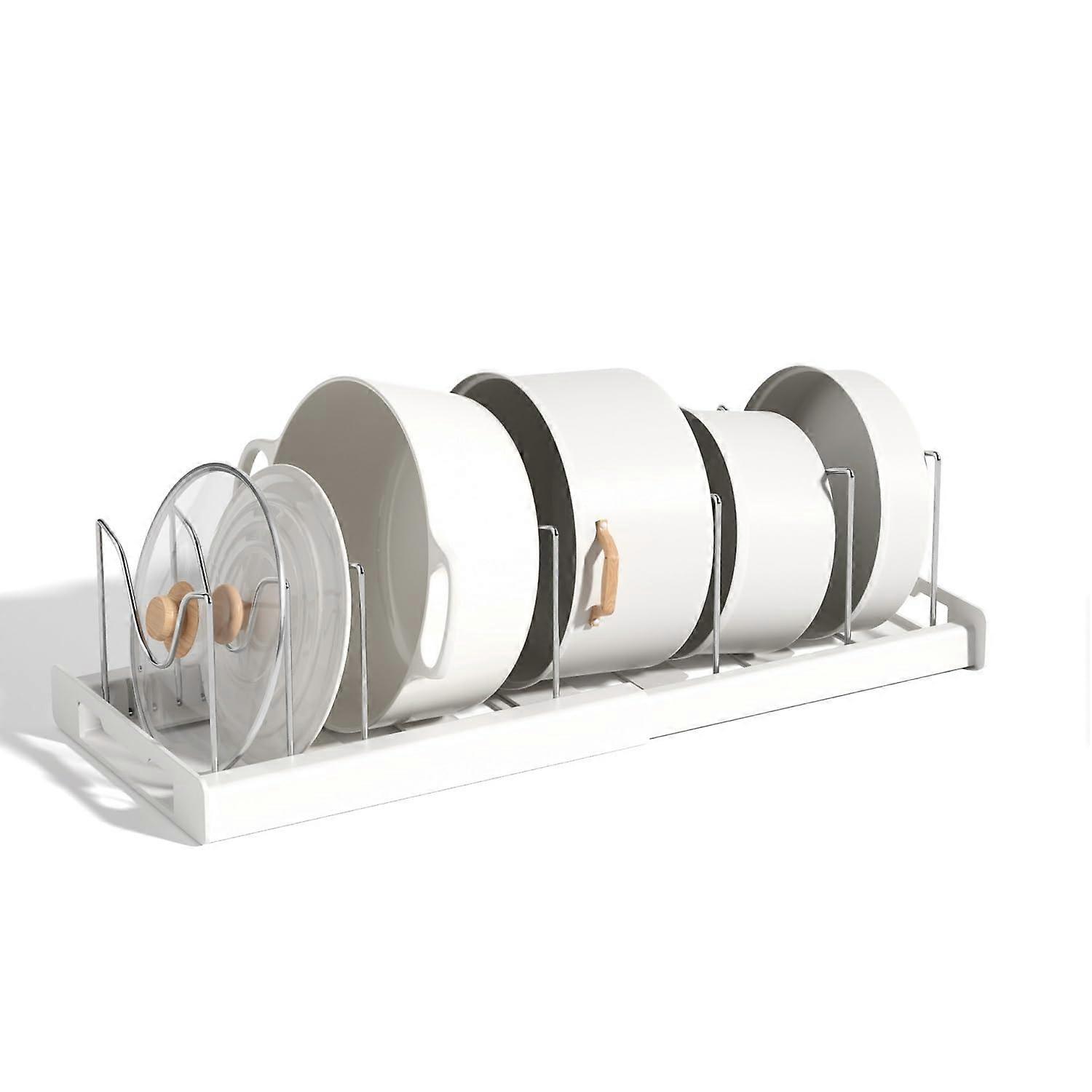 Expandable Pot and Pan Organizer Rack for Kitchen Cabinet Storage, Adjustable Metal Shelf, Space-Saving Design, Easy Assembly