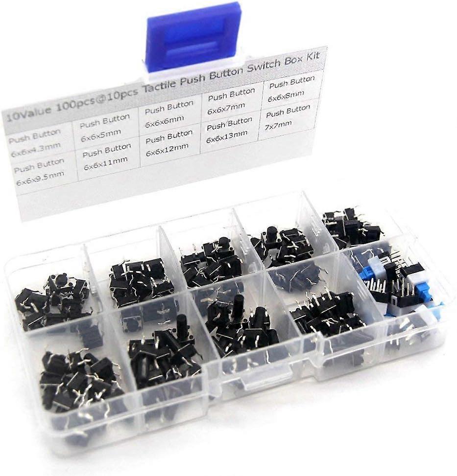 10 Value 100 Pcs/Set Micro Tactile Button Switch Black Plastic Momentary Assortment Box Kit 50mA 12VDC