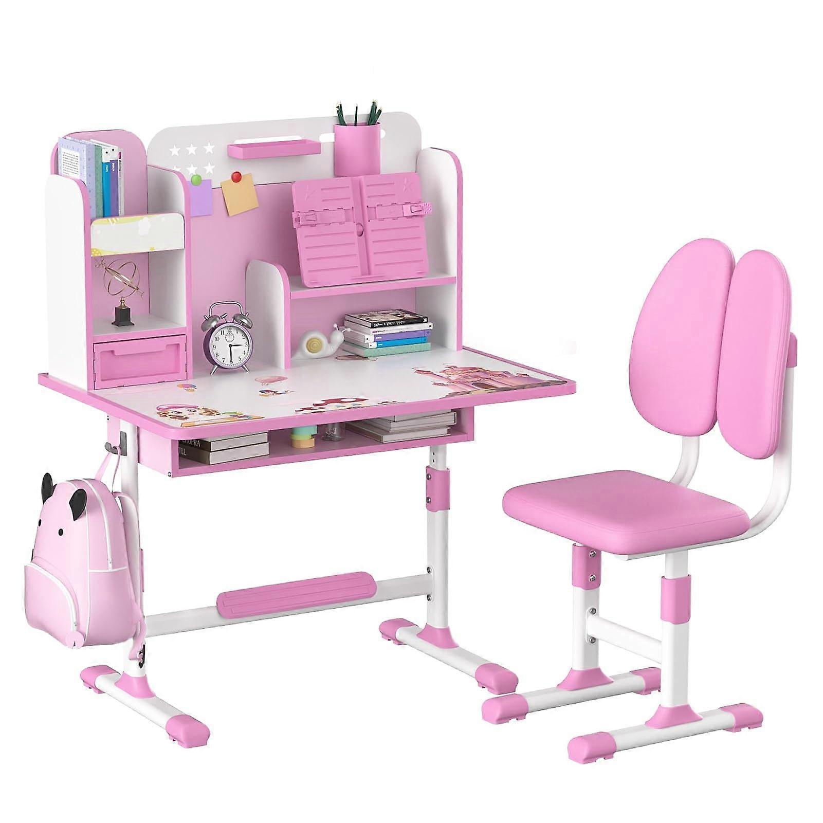 Height Adjustable Desk and Chair Set with Storage Drawers and Bookshelf for Reading and Writing