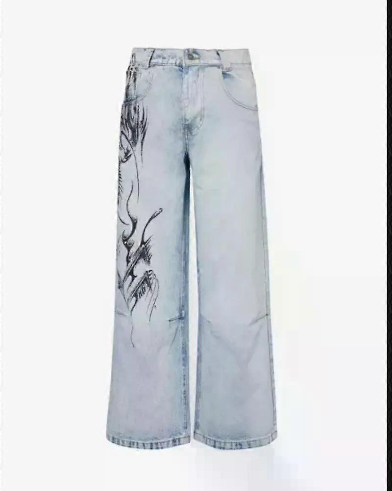 SAmerican أزياء جديدة مغسولة باللون الأزرق الطباعة فضفاضة Jean النساء Y2K Street Vitage Harajuku القوطية عالية الخصر عارضة جوكر بنطلون واسع الساق