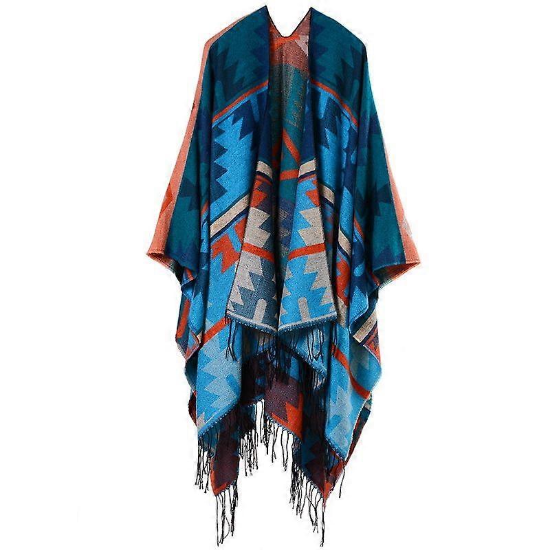 Women's printed tassel cardigan cape wrap shawl geometric rhombus lengthened and thickened shawl