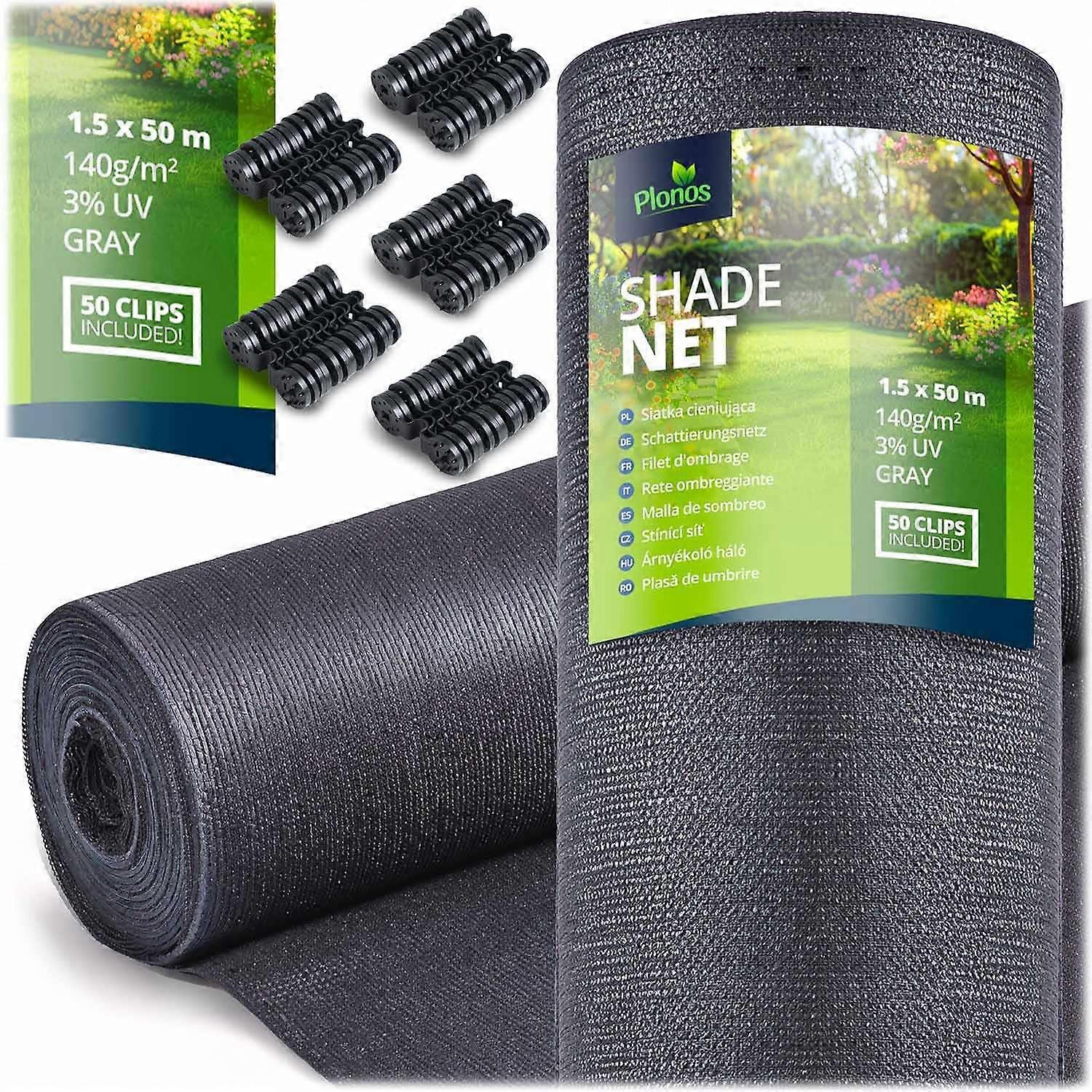 Shade net 1.5x50m 140g/m2 + 50 clips grey