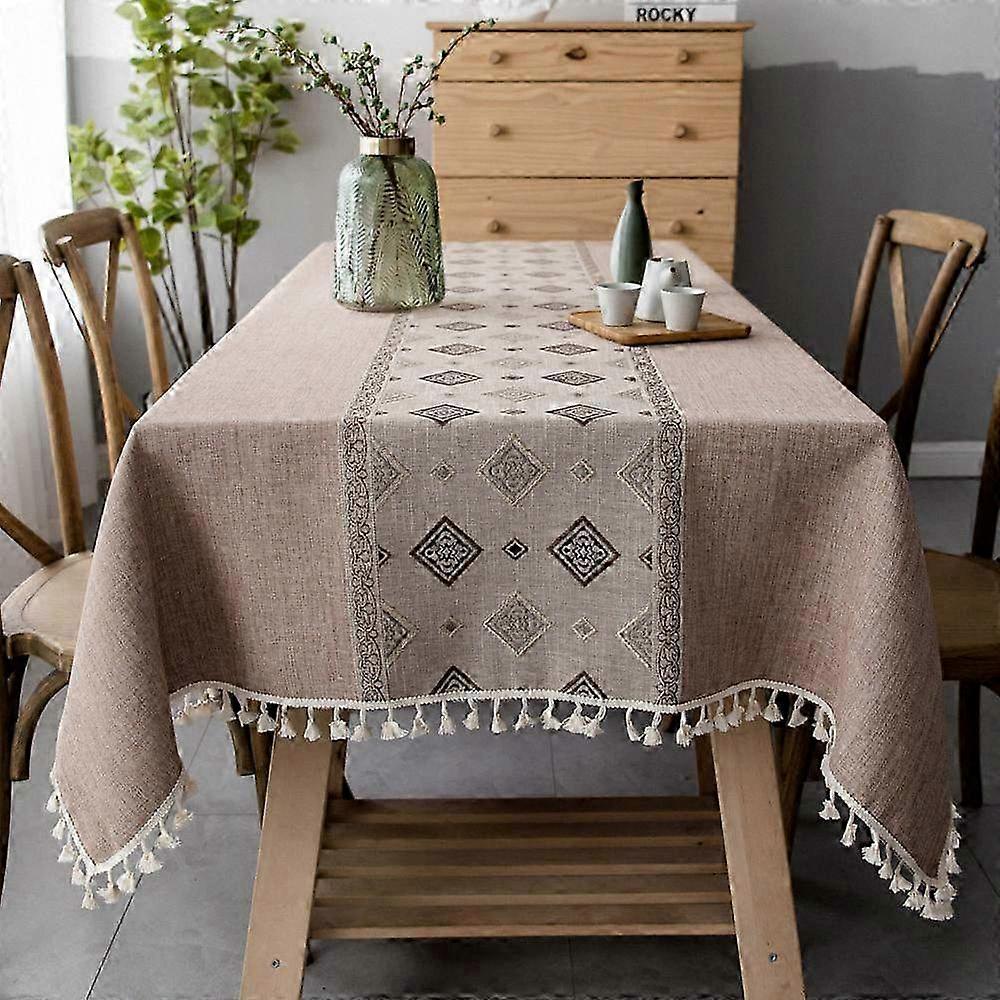 Stain Resistant Linen Cotton Embroidered Tablecloth for Kitchen Decoration, Chinoiserie Style, Rectangular Design (Square, 140 x 140cm)