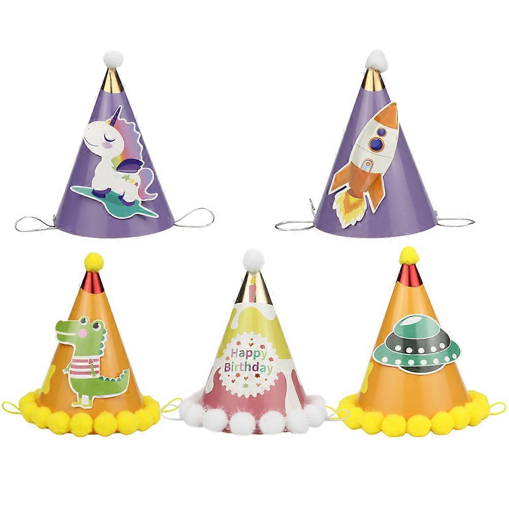 5pcs Fuzzy Pom Pom Birthday Paper Hats Adorable Party Photo Props for Boys Mixed Style Headwear for Showers & Costume Parties