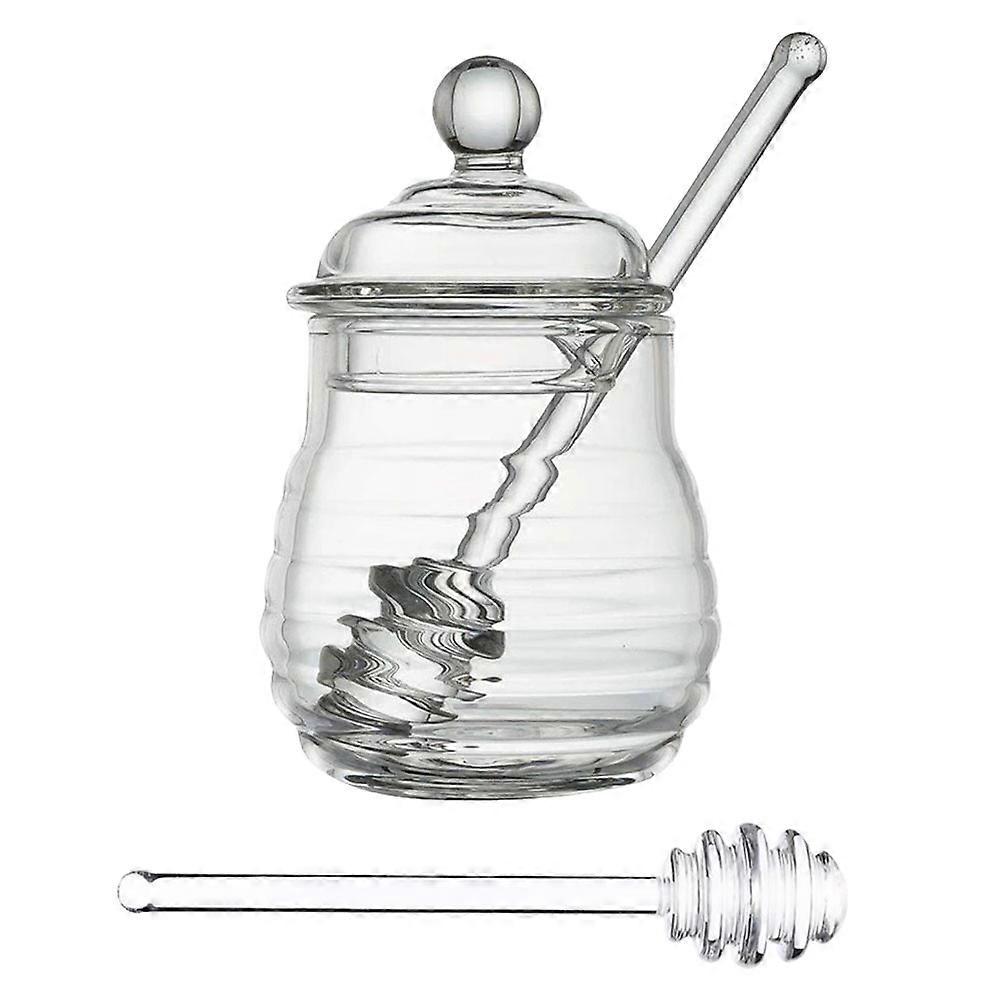 Clear Glass Honey Container Jar Honey Storage Jar Restaurant Use Material 14x10cm 380ml Stirring Function 1Set